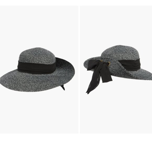 Chic & Sophisticated Nine West Black Combo Flip-Up Floppy Straw Hat with Ribbon - Picture 2 of 8